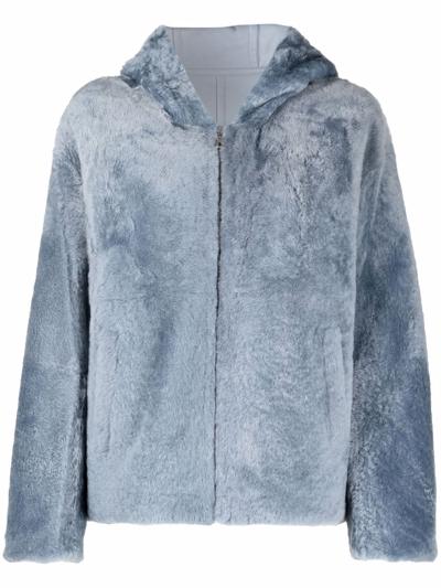Yves Salomon Hooded Shearling Jacket In Blau