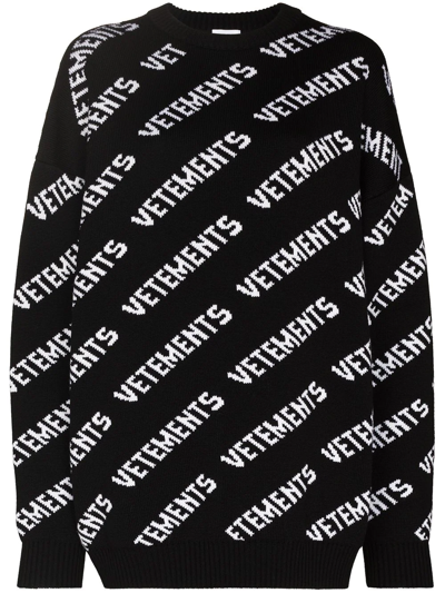 Vetements Logo Intarsia Virgin Wool Sweater In Black,white