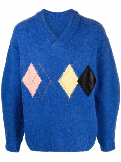 Ader Error Illand Argyle-knit Oversized Jumper In Blue