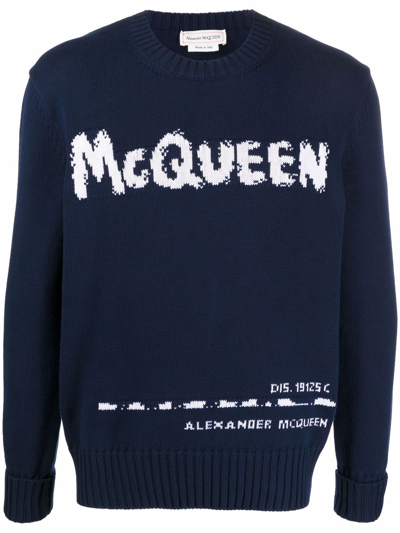 Alexander Mcqueen Intarsia-knit Cotton Jumper In Blue