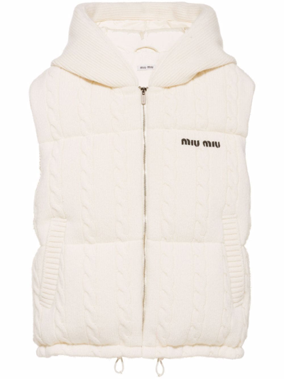 Miu Miu Logo-embroidered Cable-knit Padded Vest In Tan