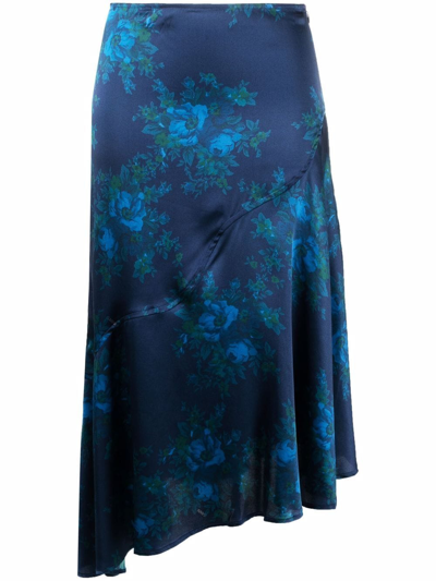 Ganni Asymmetric Floral-print Silk-blend Skirt In Navy