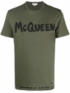 Alexander Mcqueen Green Cotton T-shirt With Logo Print In Khaki