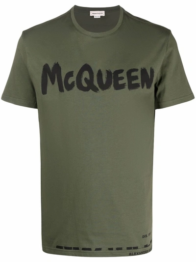 Alexander Mcqueen Green Cotton T-shirt With Logo Print In Khaki