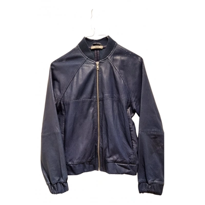 Pre-owned Bruuns Bazaar Leather Biker Jacket In Blue
