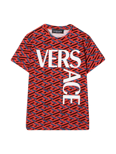 Versace Kids' Logo圆领t恤 In Arancio/blu