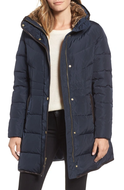 Cole Haan Signature Cole Haan Quilted Down & Feather Fill Jacket With Faux Fur Trim In Navy