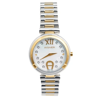 Pre-owned Aigner Mother Of Pearl Two-tone Stainless Steel Gorizia A106200 Women's Wristwatch 33 Mm In Multicolor