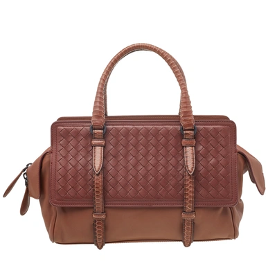 Pre-owned Bottega Veneta Brown Intrecciato Leather And Python Monaco Bag