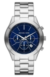 Michael Kors Slim Runway Chronograph Navy Stainless Steel Watch In Silver