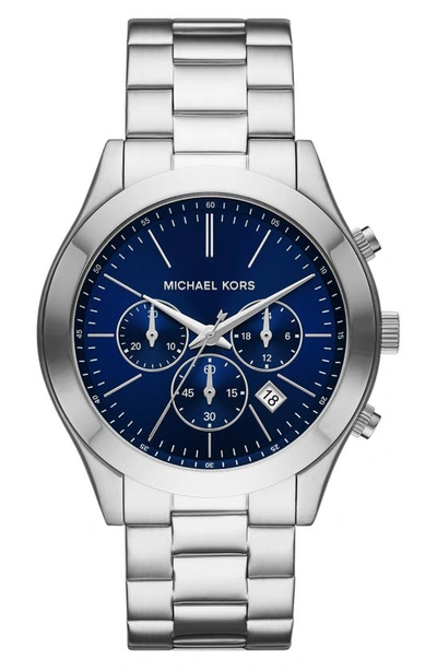 Michael Kors Slim Runway Chronograph Navy Stainless Steel Watch In Silver