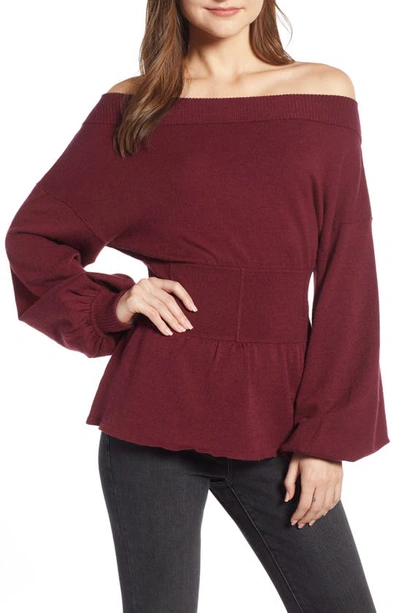 Something Navy Waist Detail Off The Shoulder Sweater In Red Tannin