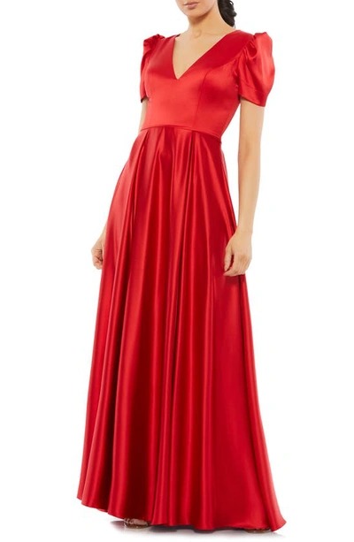 Mac Duggal Puff Sleeve V-neck Satin Gown In Red