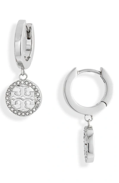 Tory Burch Miller Pave Crystal Hoop Earrings In Clear/silver