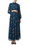 Kimi And Kai Floral Print Long Sleeve Maternity Maxi Dress In Blue