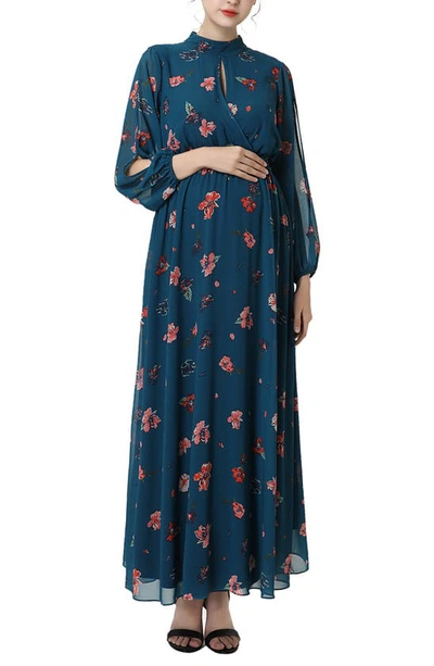 Kimi And Kai Floral Print Long Sleeve Maternity Maxi Dress In Blue