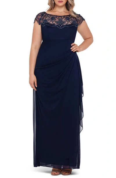Xscape Beaded Neck Ruched Cap Sleeve Gown In Navy