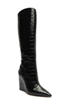 Schutz Asya Up Croc-print Wedge Tall Boots In Black