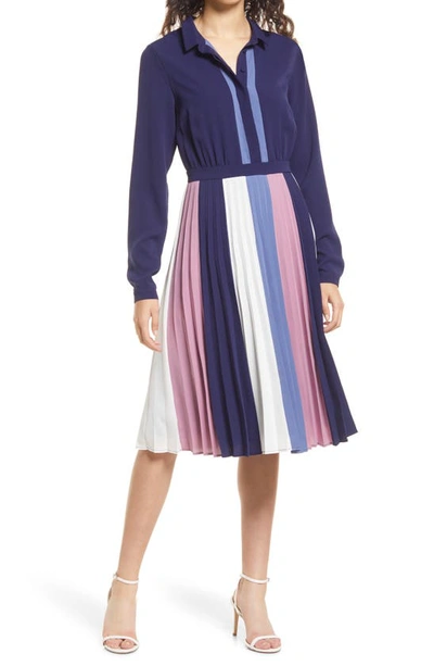 Adelyn Rae Colorblock Long Sleeve Pleated Dress In Blue