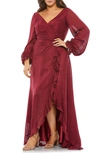 Mac Duggal Metallic Stripe Long Sleeve Wrap Front Gown In Burgundy