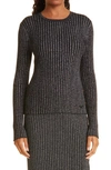 Tory Burch Metallic Stripe Ribbed Merino Wool Sweater In Black