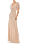 Mac Duggal Beaded Leaves Butterfly Sleeve Gown In Beige