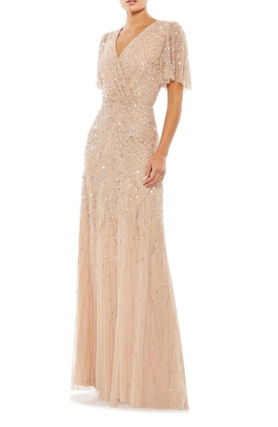 Mac Duggal Beaded Leaves Butterfly Sleeve Gown In Beige