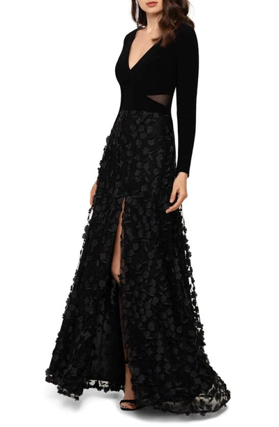 Xscape 3d Bloom Long Sleeve Gown In Black