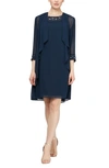 Slny Beaded Neck Sleeveless Sheath Dress With Jacket In Deep Navy