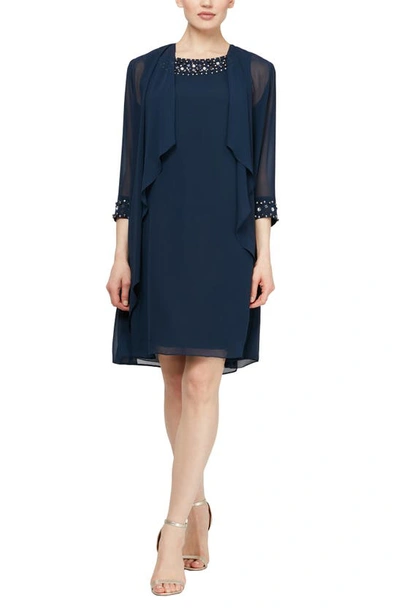 Slny Beaded Neck Sleeveless Sheath Dress With Jacket In Deep Navy