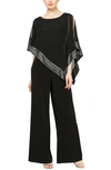 Slny Foil Trim Asymmetric Popover Capelet Jumpsuit In Black