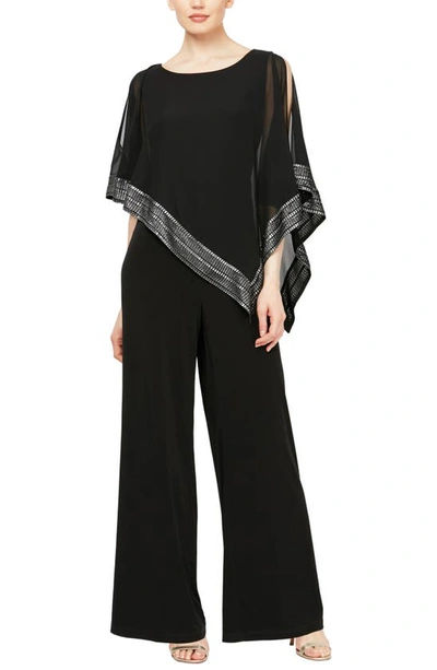 Slny Foil Trim Asymmetric Popover Capelet Jumpsuit In Black