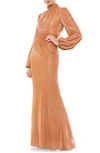 Mac Duggal Draped Glitter Fabric High Neck Puff Sleeve Trumpe Dress In Rust