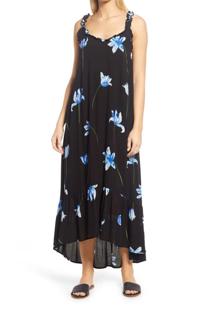 Gibsonlook High-low Ruffle Edge Maxi Dress In Black Blue Floral Print