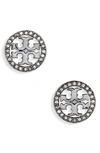 Tory Burch Crystal Logo Circle Stud Earrings In Hematite / Crystal