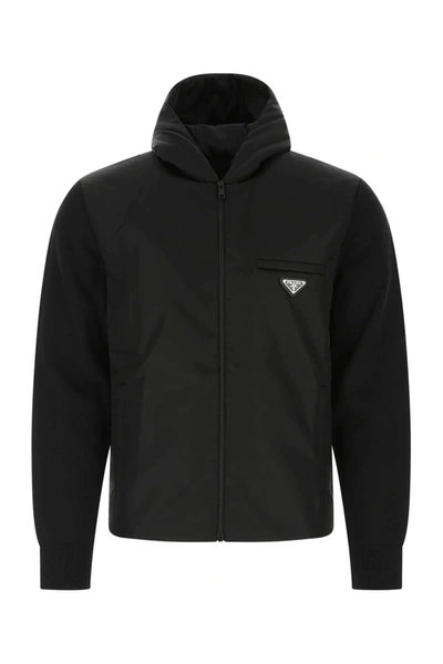 Prada Logo Hooded Jacket In Black