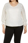 Vince Camuto Smocked Cuff Foil Dot Blouse In New Ivory