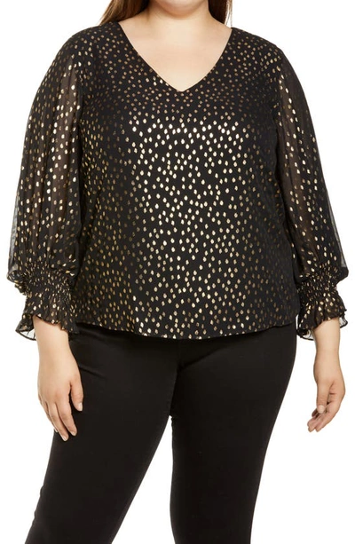 Vince Camuto Smocked Cuff Foil Dot Blouse In Rich Black