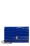 Alexander Mcqueen Mini Skull Croc Embossed Leather Shoulder Bag In Navy