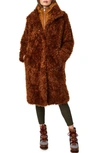 Bernardo Shaggy Faux Fur Coat With Removable Hooded Insert In Tobacco