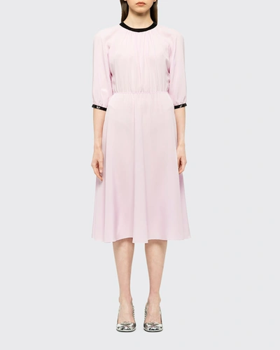 Prada Pleated Crepe Midi Dress W/ Contrast Sequined Trim In Purple