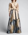 Rickie Freeman For Teri Jon Taffeta Shirtdress W/ Feather Metallic Jacquard In Gold Multi