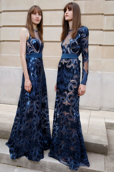 Elie Saab Long Sleeve Sequin Gown In Orion Blue