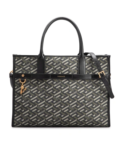 Versace Greca Jacquard Top Handle Tote Bag In Black