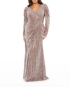 MAC DUGGAL PLUS SIZE LONG-SLEEVE METALLIC RUCHED GOWN,PROD245840264