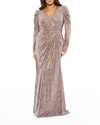 Mac Duggal Plus Size Long-sleeve Metallic Ruched Gown In Mauve