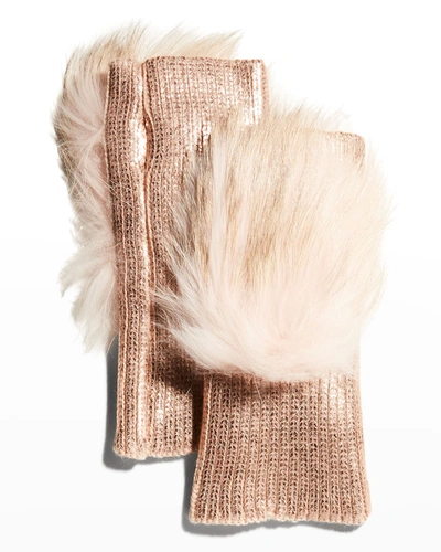 Adrienne Landau Fingerless Metallic Fox Fur Gloves In Rose Gold