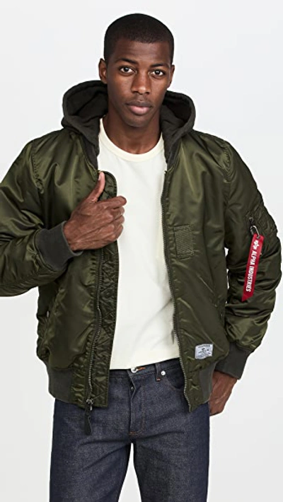 Alpha Industries Ma-1 Hooded Battlewash Flight Jacket In Dark Green