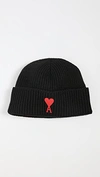 Ami Alexandre Mattiussi Heart Logo Rib Virgin Wool Beanie In Black