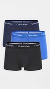 CALVIN KLEIN UNDERWEAR COTTON STRETCH 3-PACK LOW RISE TRUNKS BLACK/BLUE SHADOW/COBALT WATER